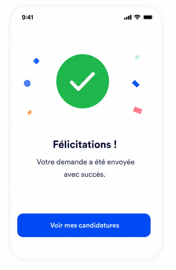Confirmation de succès dans l'application BELA